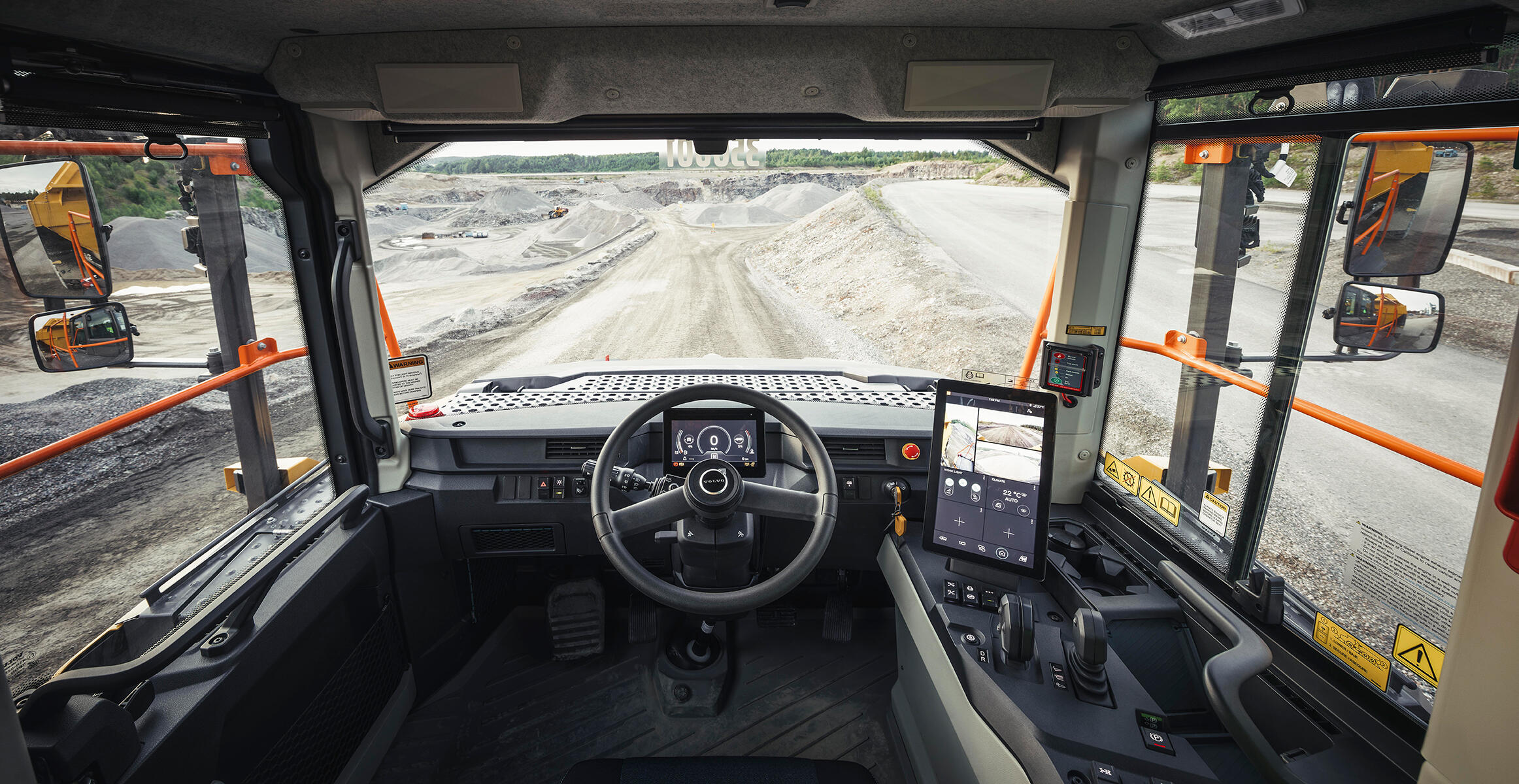 Volvo heavy equipment cab view for construction vehicle windshield