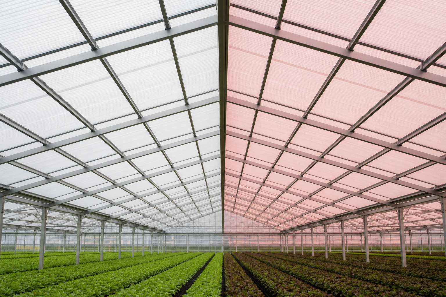 Comparison of diffused and light-conversion polycarbonate greenhouse roof panels